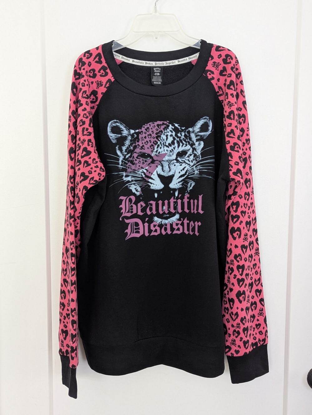 Beautiful Disaster Sweatshirt C1X Plus Size Pink Leopard Cheetah Tiger Raglan
